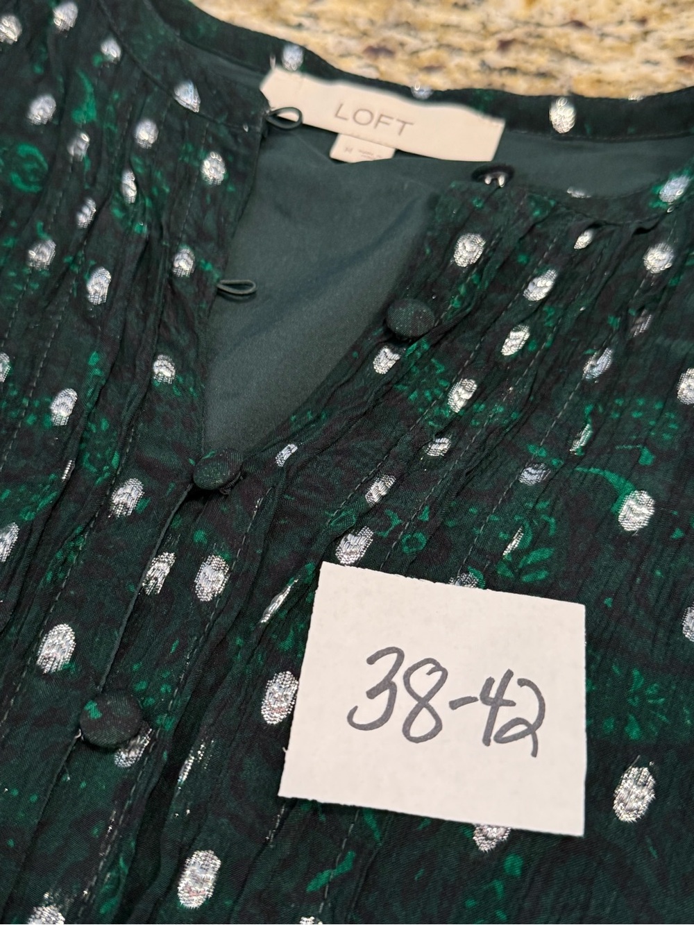 Loft fit & flare dress forest green & floral metallic pattern SZ M - Picture 13 of 14